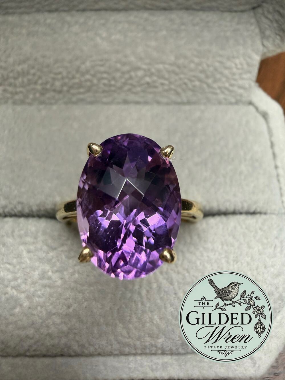 14K Yellow Gold Amethyst Ring Size 7 Large Oval 14.11mm 5.99g